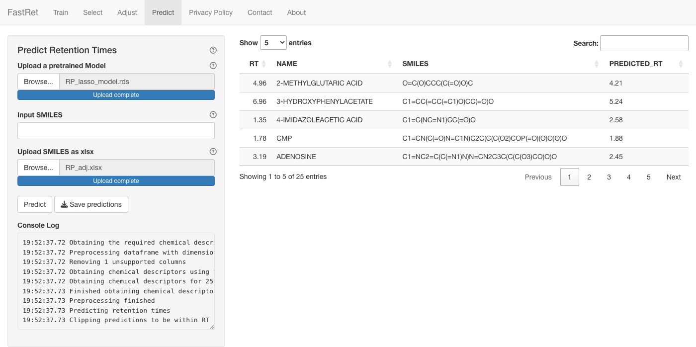 FastRet GUI Predict tab showing model upload, SMILES input and the table of predicted retention times