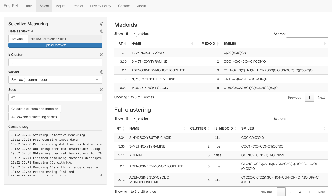 FastRet GUI Select tab showing the k Cluster, variant and seed inputs next to the table of selected molecules and the full clustering